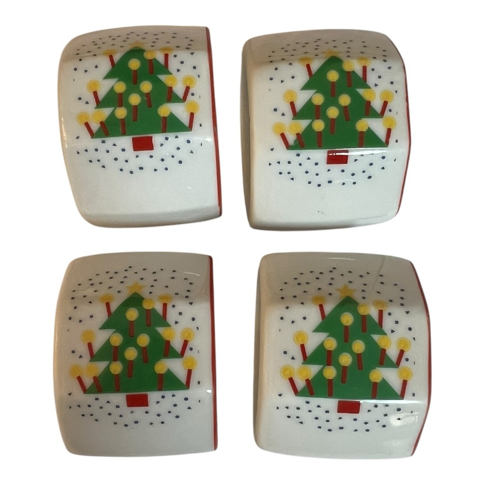 Vintage Ceramic Christmas Tree Napkin Rings Set of 4 Holiday Table Decor